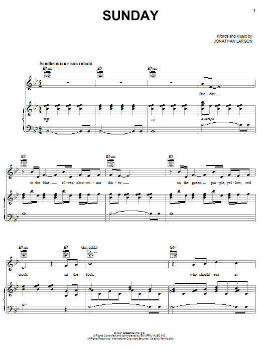 Learn to play Jonathan Larson Sunday sheet music for Piano, Vocal & Guitar (Right-Hand Melody) in minutes. Jonathan Larson Sunday sheet music preview music notes and score for Piano, Vocal & Guitar (Right-Hand Melody) including 5 page(s)