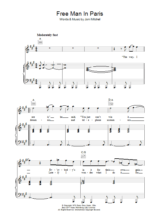 Joni Mitchell Free Man In Paris sheet music preview music notes and score for Piano, Vocal & Guitar including 6 page(s)