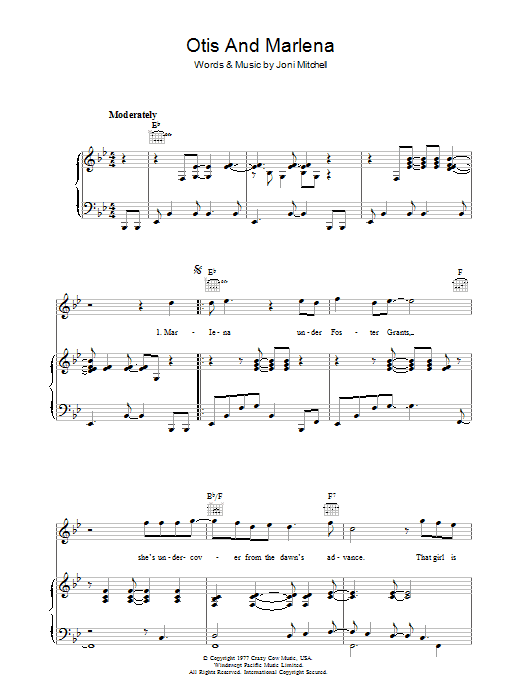 Joni Mitchell Otis And Marlena sheet music preview music notes and score for Piano, Vocal & Guitar including 5 page(s)