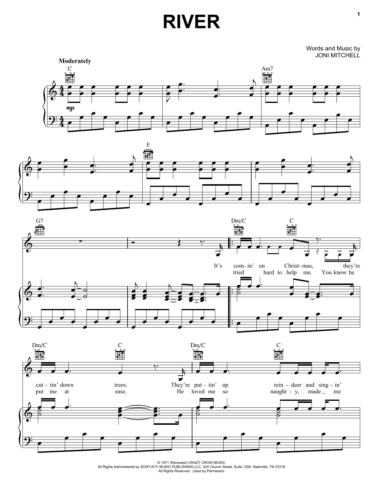 Learn to play Joni Mitchell River sheet music for Piano, Vocal & Guitar in minutes. Joni Mitchell River sheet music preview music notes and score for Piano, Vocal & Guitar including 6 page(s)