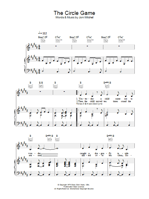 Joni Mitchell The Circle Game sheet music preview music notes and score for Piano, Vocal & Guitar (Right-Hand Melody) including 4 page(s)