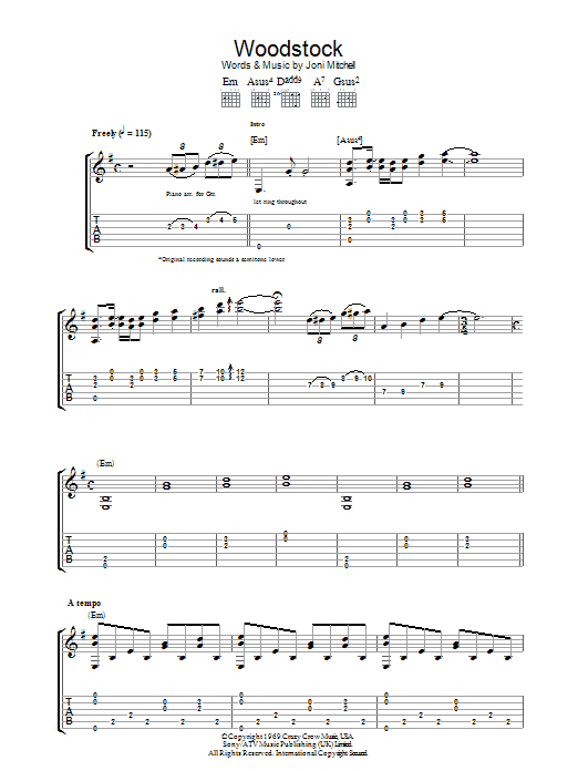 Joni Mitchell Woodstock sheet music preview music notes and score for Guitar Tab including 10 page(s)