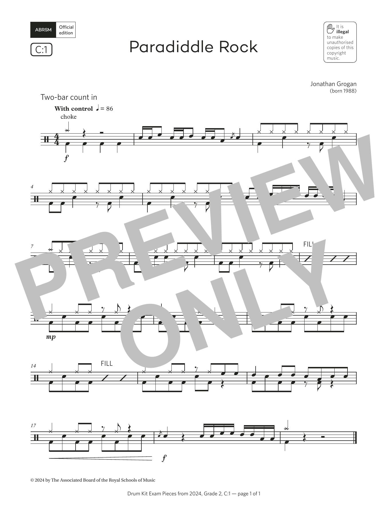 Jonny Grogan Paradiddle Rock (Grade 2, list C1, from the ABRSM Drum Kit Syllabus 2024) sheet music, chords, lyrics - Printable PDF for Drums