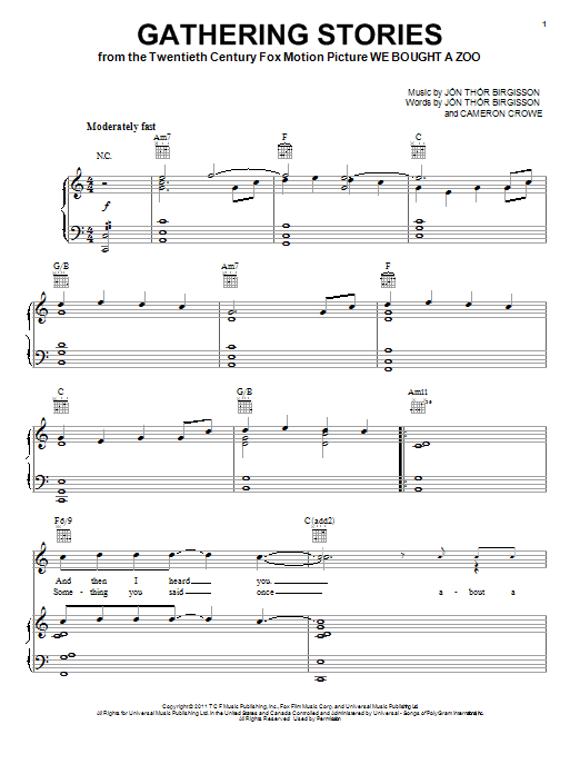 Learn to play Jonsi Gathering Stories sheet music for Piano, Vocal & Guitar (Right-Hand Melody) in minutes. Jonsi Gathering Stories sheet music preview music notes and score for Piano, Vocal & Guitar (Right-Hand Melody) including 7 page(s)