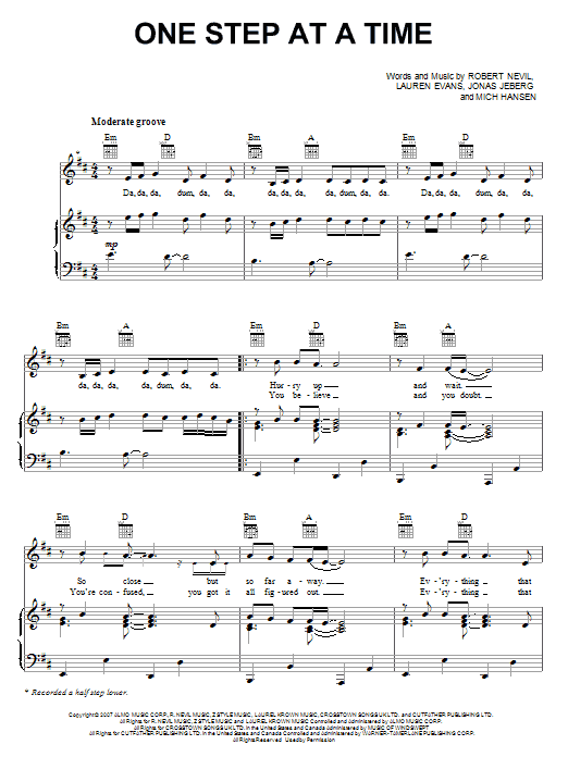 Learn to play Jordin Sparks One Step At A Time sheet music for Piano, Vocal & Guitar (Right-Hand Melody) in minutes. Jordin Sparks One Step At A Time sheet music preview music notes and score for Piano, Vocal & Guitar (Right-Hand Melody) including 6 page(s)