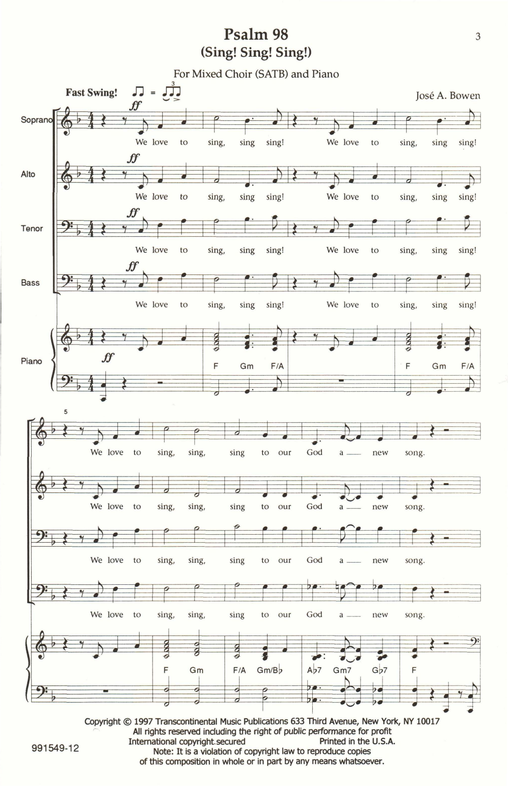 Jose Bowen Psalm 98 (Sing! Sing! Sing!) sheet music, chords, lyrics - Printable PDF for SATB Choir