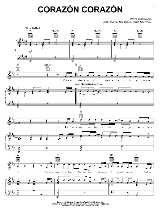 Jose Maria Napoleon Ruiz Narvaez Corazon Corazon sheet music, chords, lyrics - Printable PDF for Piano, Vocal & Guitar (Right-Hand Melody)