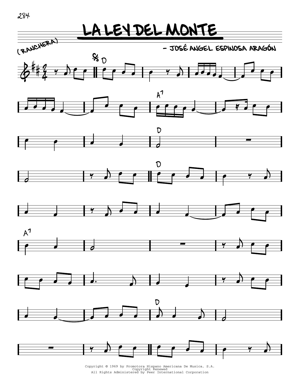 Learn to play Jose Angel Espinosa Aragon La Ley Del Monte sheet music for Real Book – Melody & Chords in minutes. Jose Angel Espinosa Aragon La Ley Del Monte sheet music preview music notes and score for Real Book – Melody & Chords including 2 page(s)