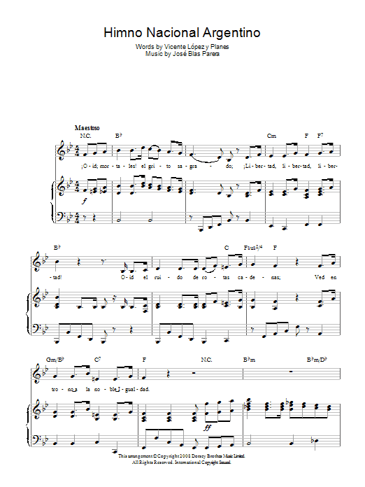 Learn to play Jose Blas Parera Himno Nacional Argentino (Argentinian National Anthem) sheet music for Piano, Vocal & Guitar (Right-Hand Melody) in minutes. Jose Blas Parera Himno Nacional Argentino (Argentinian National Anthem) sheet music preview music notes and score for Piano, Vocal & Guitar (Right-Hand Melody) including 4 page(s)