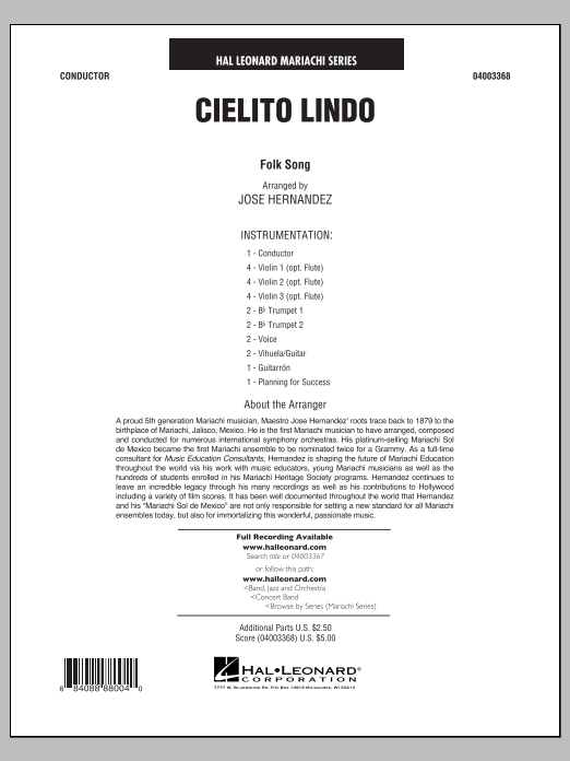 Learn to play Jose Hernandez Cielito Lindo - Full Score sheet music for Concert Band in minutes. Jose Hernandez Cielito Lindo - Full Score sheet music notes and chords
