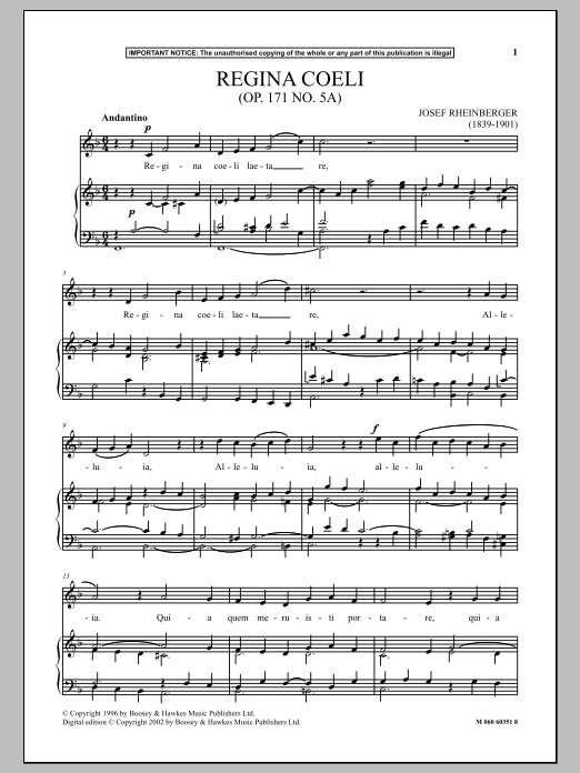 Josef Rheinberger Regina Coeli, Op. 171, No. 5 sheet music, chords, lyrics - Printable PDF for Piano & Vocal