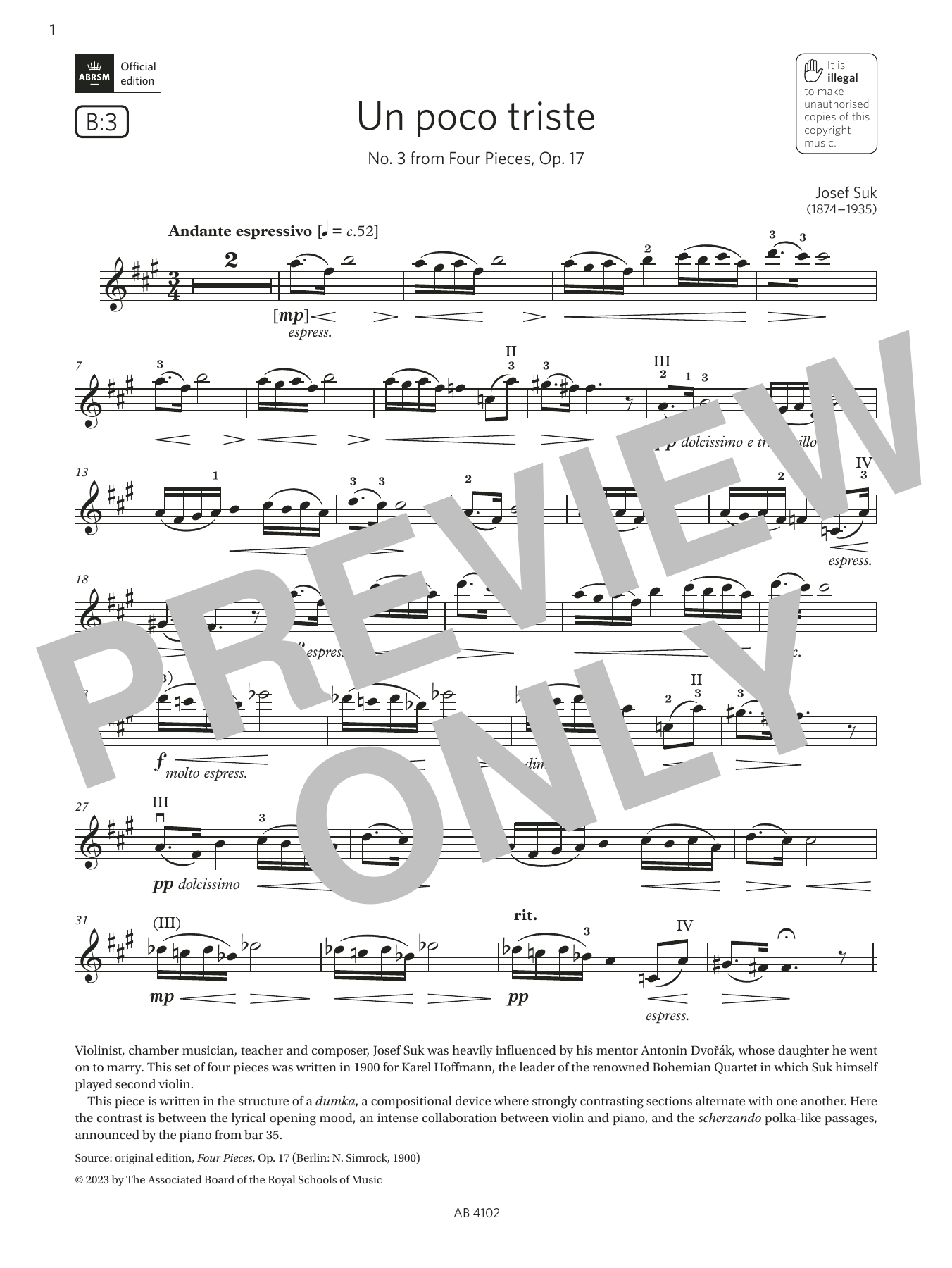 Josef Suk Un poco triste (Grade 8, B3, from the ABRSM Violin Syllabus from 2024) sheet music, chords, lyrics - Printable PDF for Violin Solo