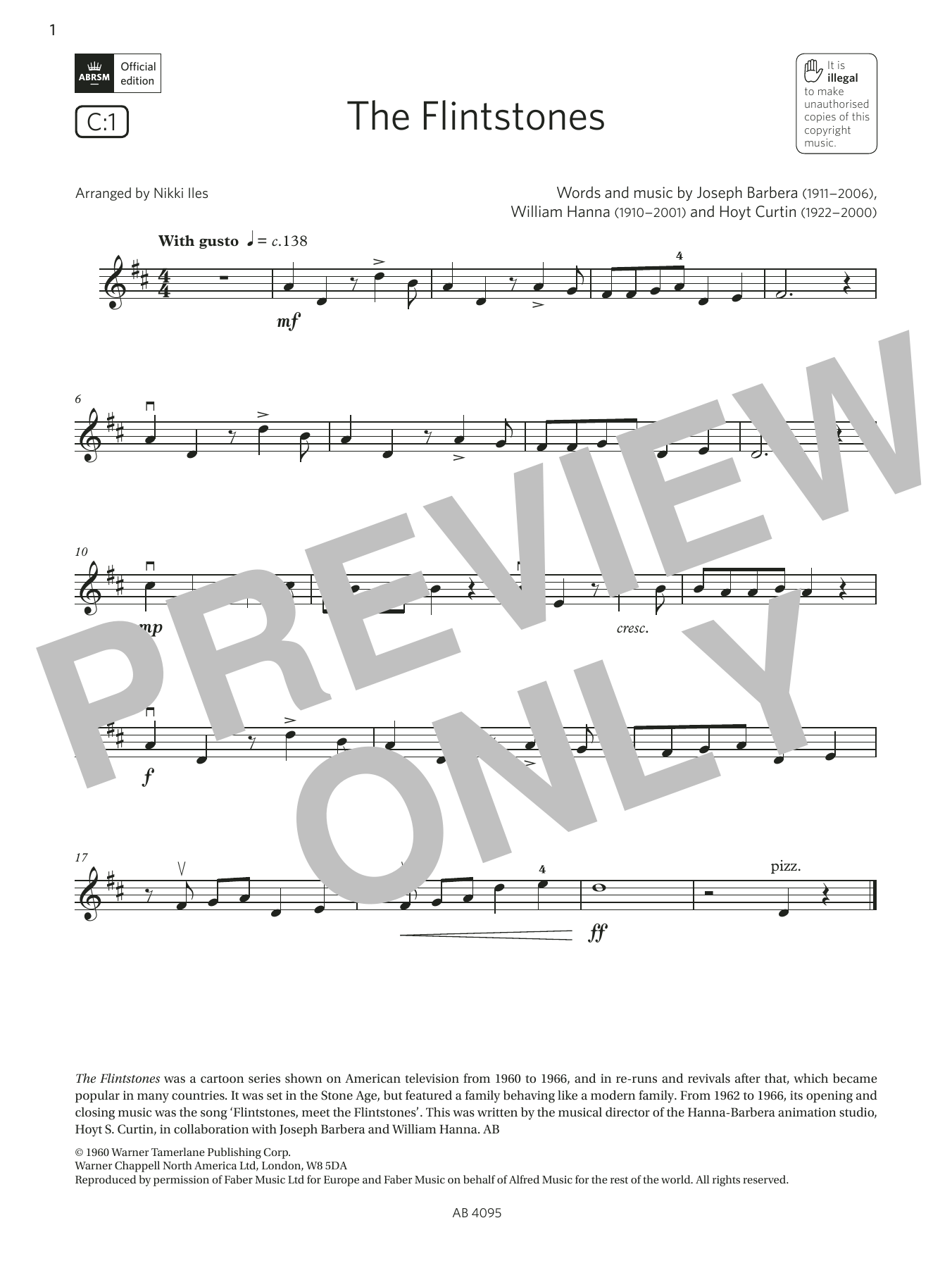 Joseph Barbera The Flintstones (Grade 1, C1, from the ABRSM Violin Syllabus from 2024) sheet music, chords, lyrics - Printable PDF for Violin Solo