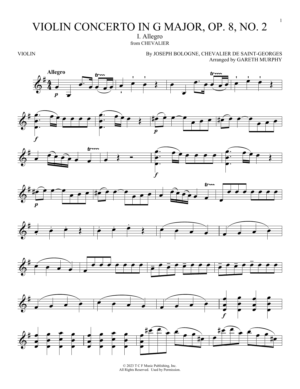 Joseph Bologne (Chevalier de Saint-Georges) Violin Concerto In G Major, Op. 8 No. 2: 1: Allegro (from Chevalier) sheet music, chords, lyrics - Printable PDF for Violin Solo
