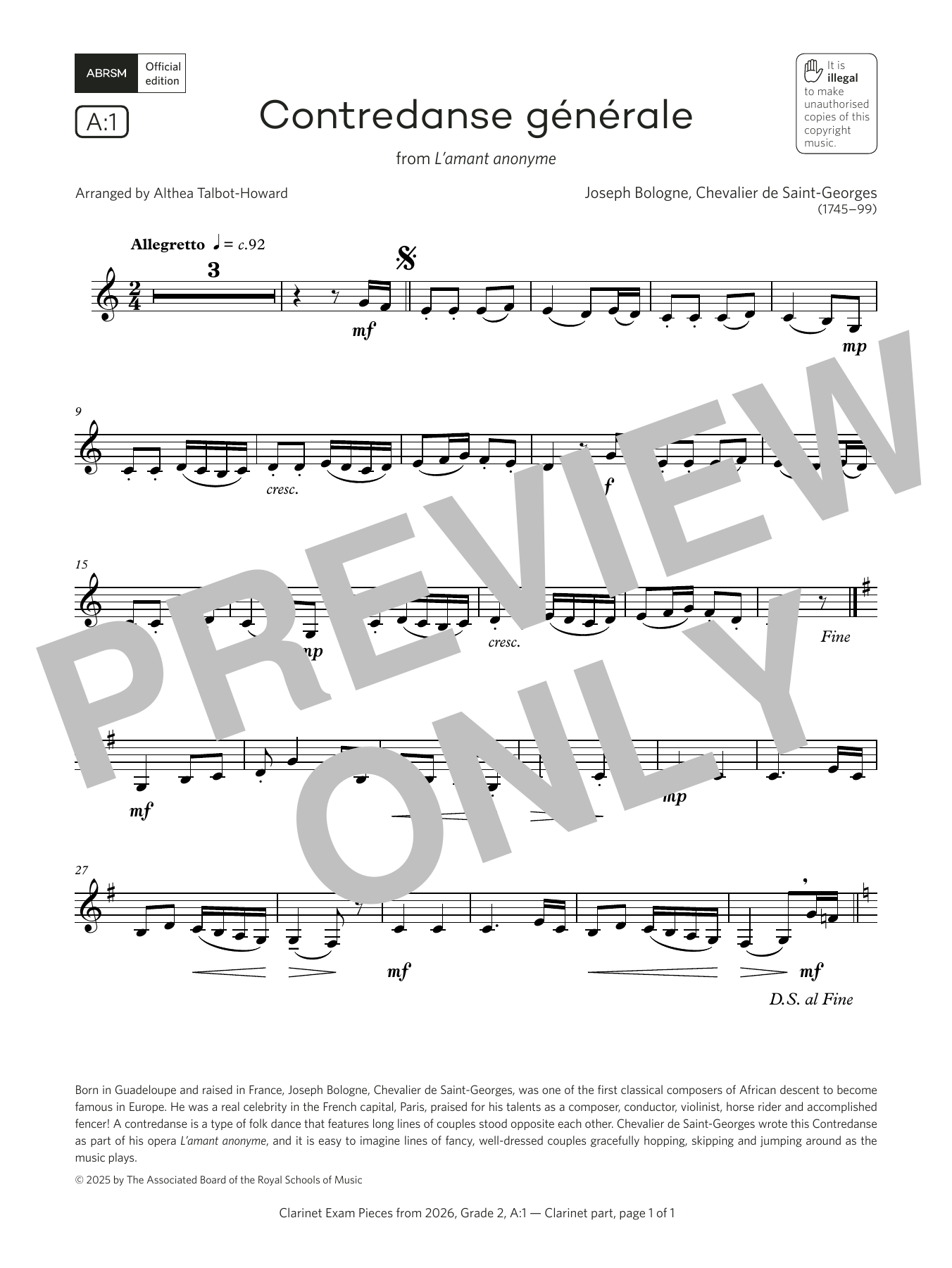 Joseph Bologne Contredanse générale (Grade 2, list A1, from the ABRSM Clarinet Syllabus from 2026) sheet music, chords, lyrics - Printable PDF for Clarinet Solo