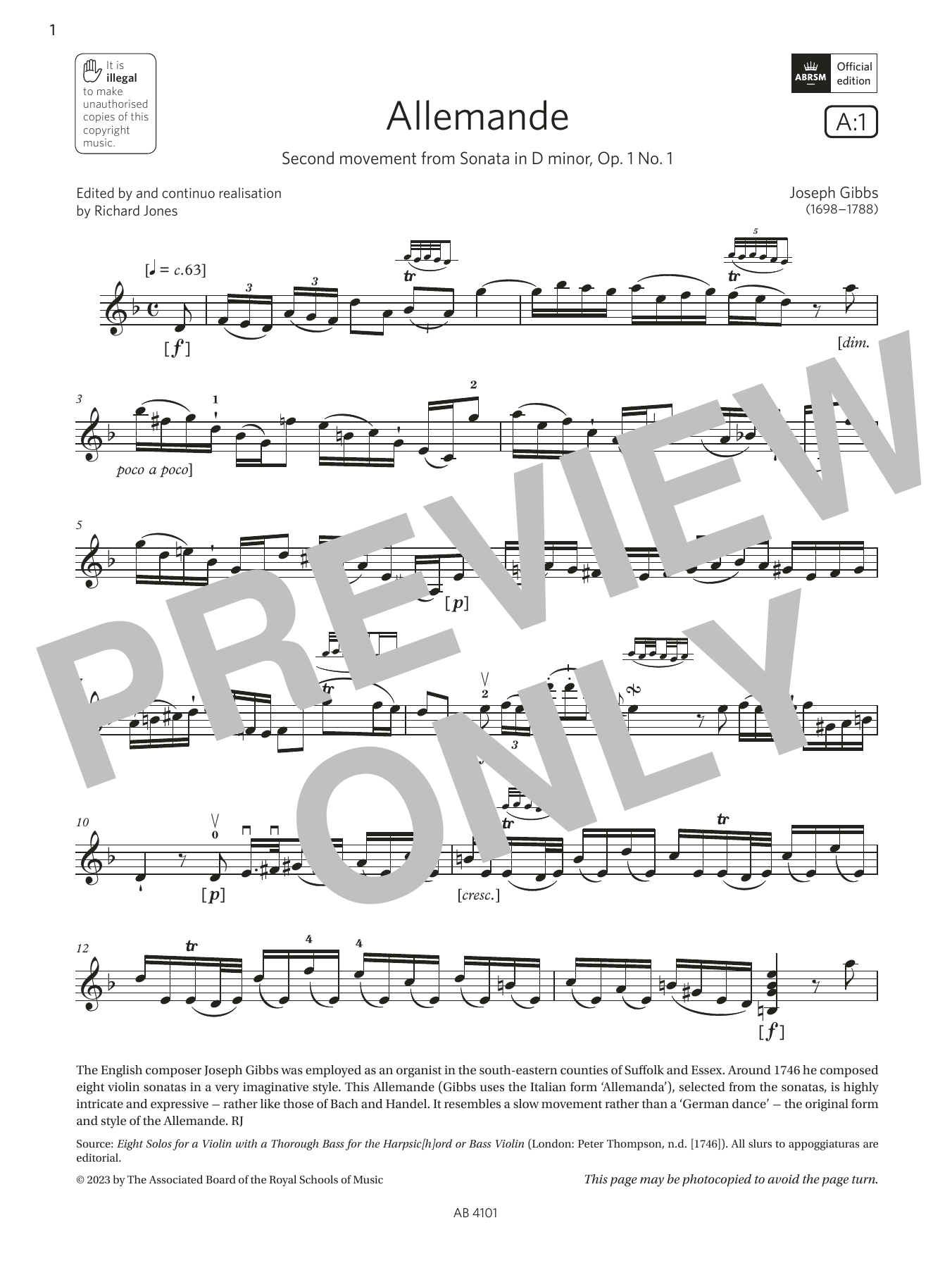 Joseph Gibbs Allemande (Grade 7, A1, from the ABRSM Violin Syllabus from 2024) sheet music, chords, lyrics - Printable PDF for Violin Solo
