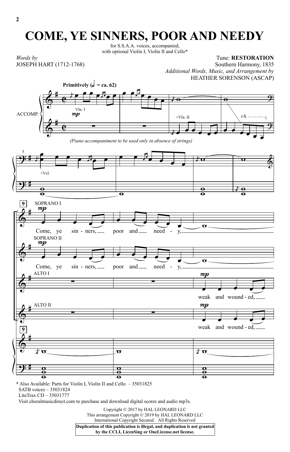 Joseph Hart and Heather Sorenson Come, Ye Sinners, Poor And Needy (arr. Heather Sorenson) sheet music, chords, lyrics - Printable PDF for SSA Choir