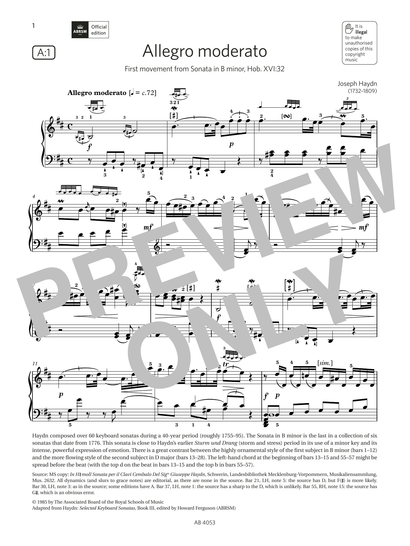 Joseph Haydn Allegro moderato (Grade 7, list A1, from the ABRSM Piano Syllabus 2023 & 2024) sheet music, chords, lyrics - Printable PDF for Piano Solo