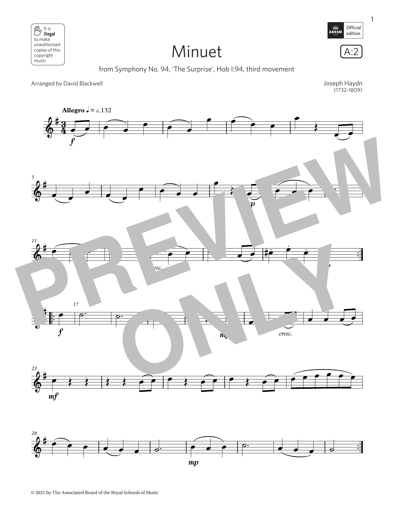 Joseph Haydn Minuet (from Symphony No. 94) (Grade 1 List A2 from the ABRSM Flute syllabus from 2022) sheet music, chords, lyrics - Printable PDF for Flute Solo