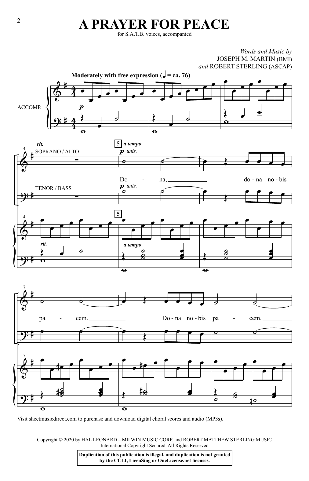 Joseph M. Martin & Robert Sterling A Prayer For Peace sheet music, chords, lyrics - Printable PDF for SATB Choir