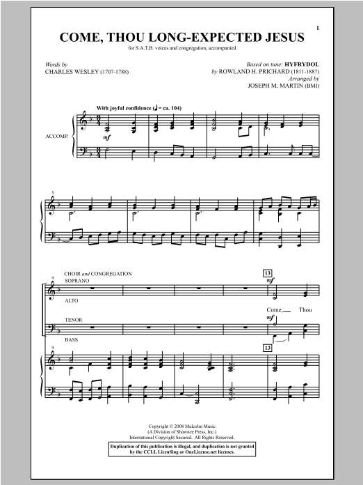 Rowland H. Prichard Come, Thou Long-Expected Jesus (arr. Joseph M. Martin) sheet music, chords, lyrics - Printable PDF for SATB