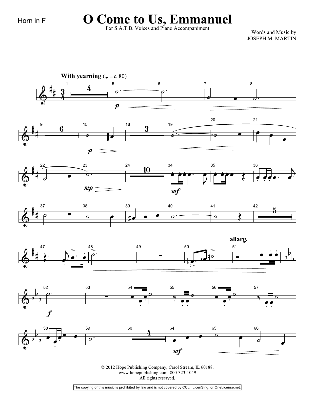 Joseph M. Martin O Come To Us, Emmanuel - Horn sheet music, chords, lyrics - Printable PDF for Choir Instrumental Pak