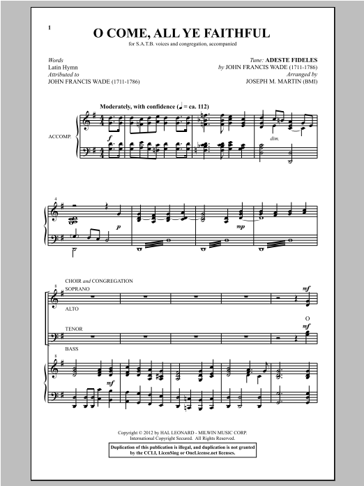 Traditional Carol O Come All Ye Faithful (arr. Joseph M. Martin) sheet music, chords, lyrics - Printable PDF for SATB