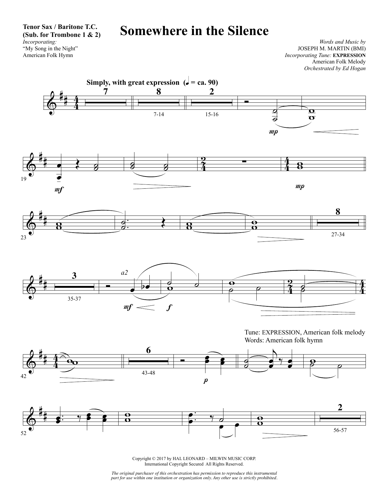 Joseph M. Martin Somewhere in the Silence - Tenor Sax/BariTC (sub Tbn 1-2) sheet music, chords, lyrics - Printable PDF for Choir Instrumental Pak