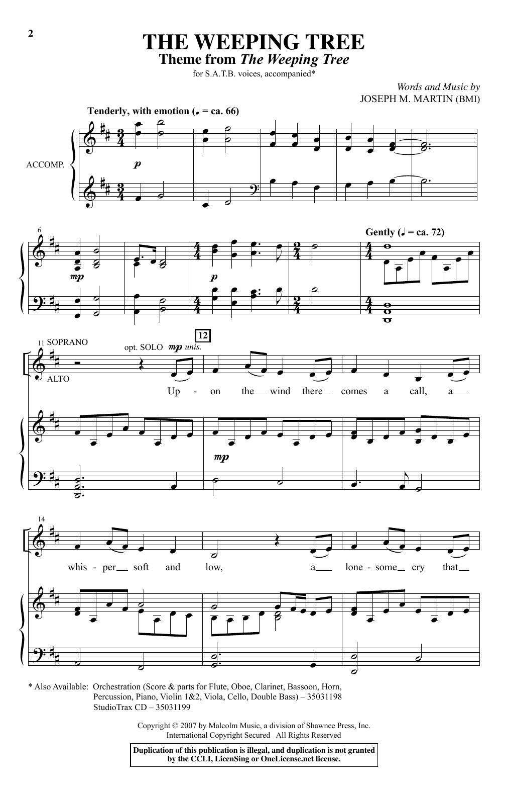 Joseph M. Martin The Weeping Tree (Theme) sheet music, chords, lyrics - Printable PDF for SATB
