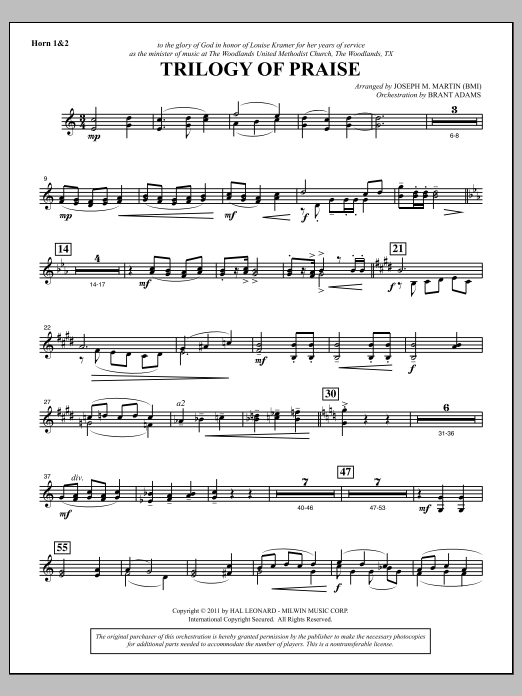 Joseph M. Martin Trilogy Of Praise - F Horn 1,2 sheet music, chords, lyrics - Printable PDF for Choir Instrumental Pak