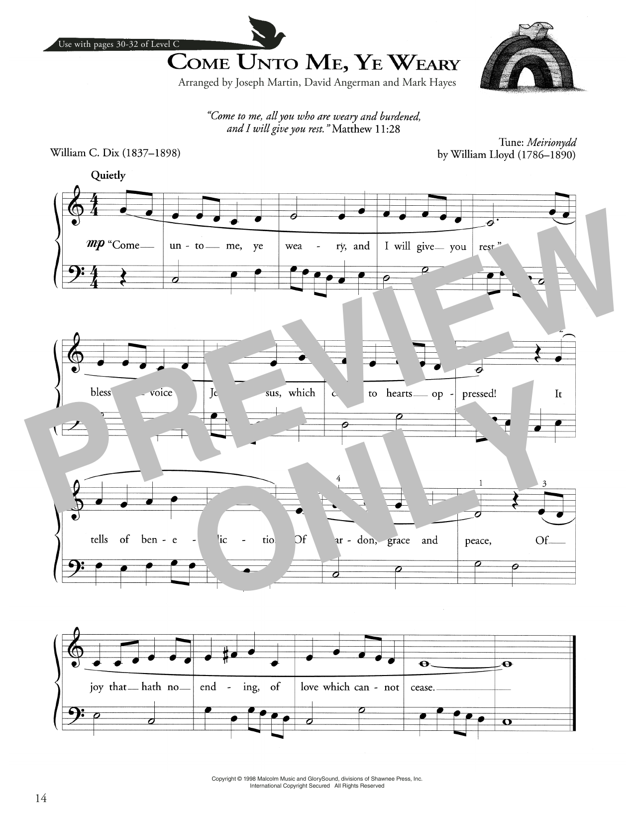 Joseph Martin, David Angerman and Mark Hayes Come To Me, Ye Weary sheet music, chords, lyrics - Printable PDF for Piano Method