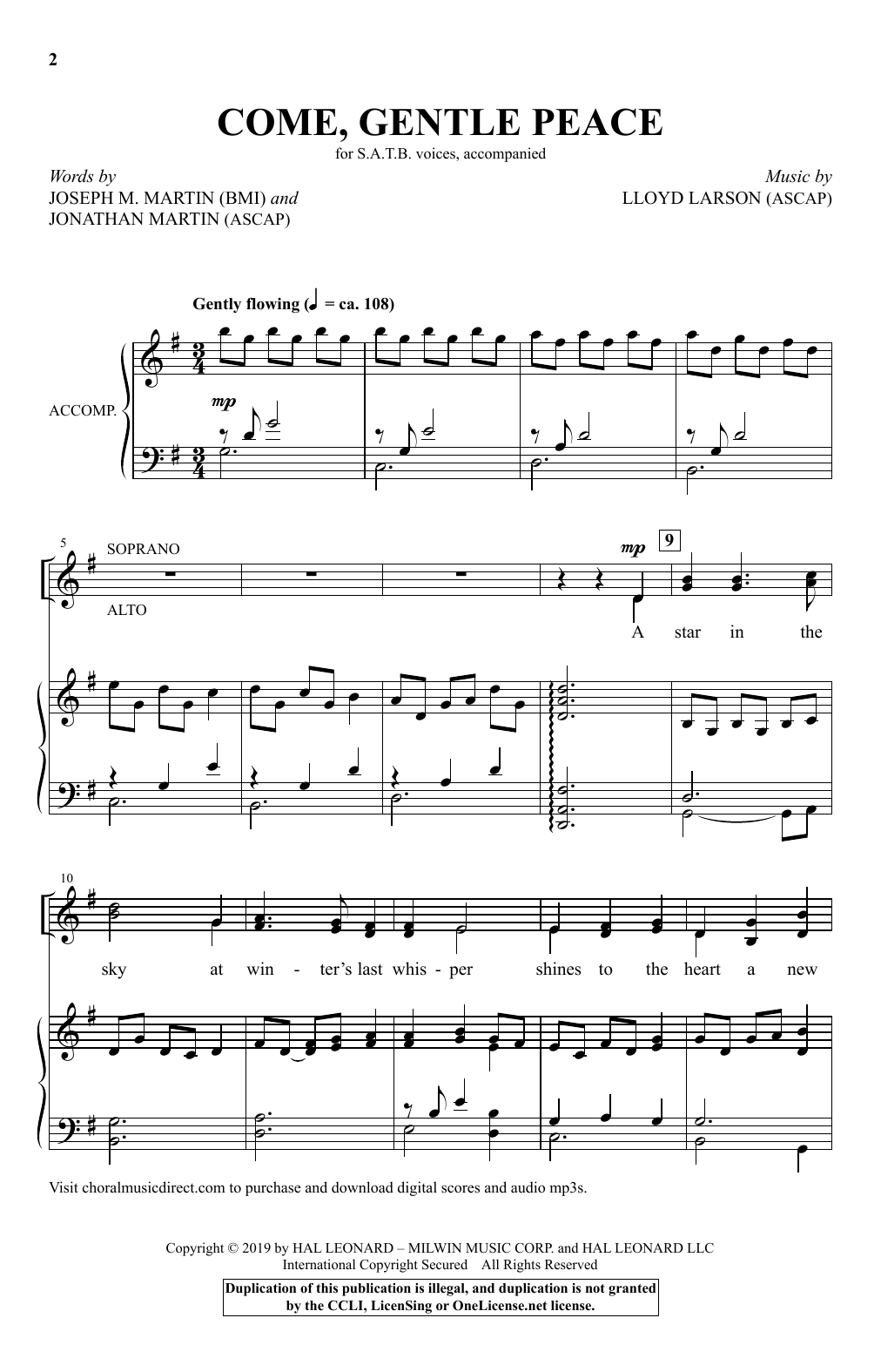 Joseph Martin, Jonathan Martin & Lloyd Larson Come, Gentle Peace sheet music, chords, lyrics - Printable PDF for SATB Choir