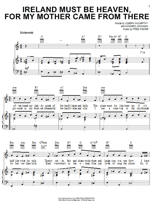 Joseph McCarthy Ireland Must Be Heaven, For My Mother Came From There sheet music, chords, lyrics - Printable PDF for Lyrics & Chords