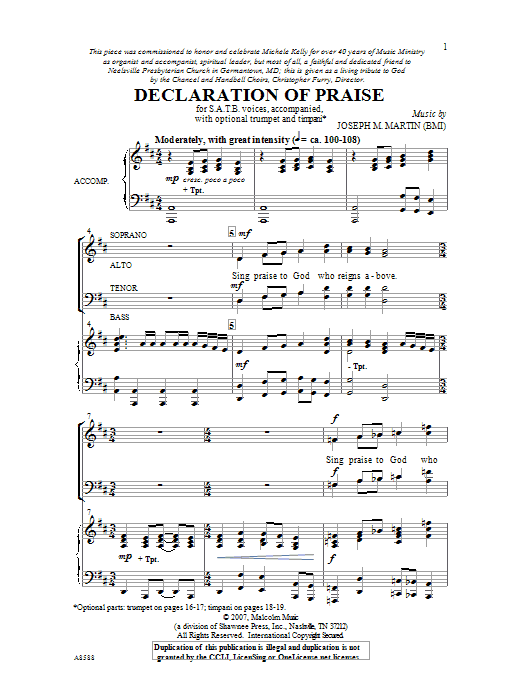 Learn to play Joseph M. Martin Declaration Of Praise sheet music for SATB in minutes. Joseph M. Martin Declaration Of Praise sheet music preview music notes and score for SATB including 14 page(s)