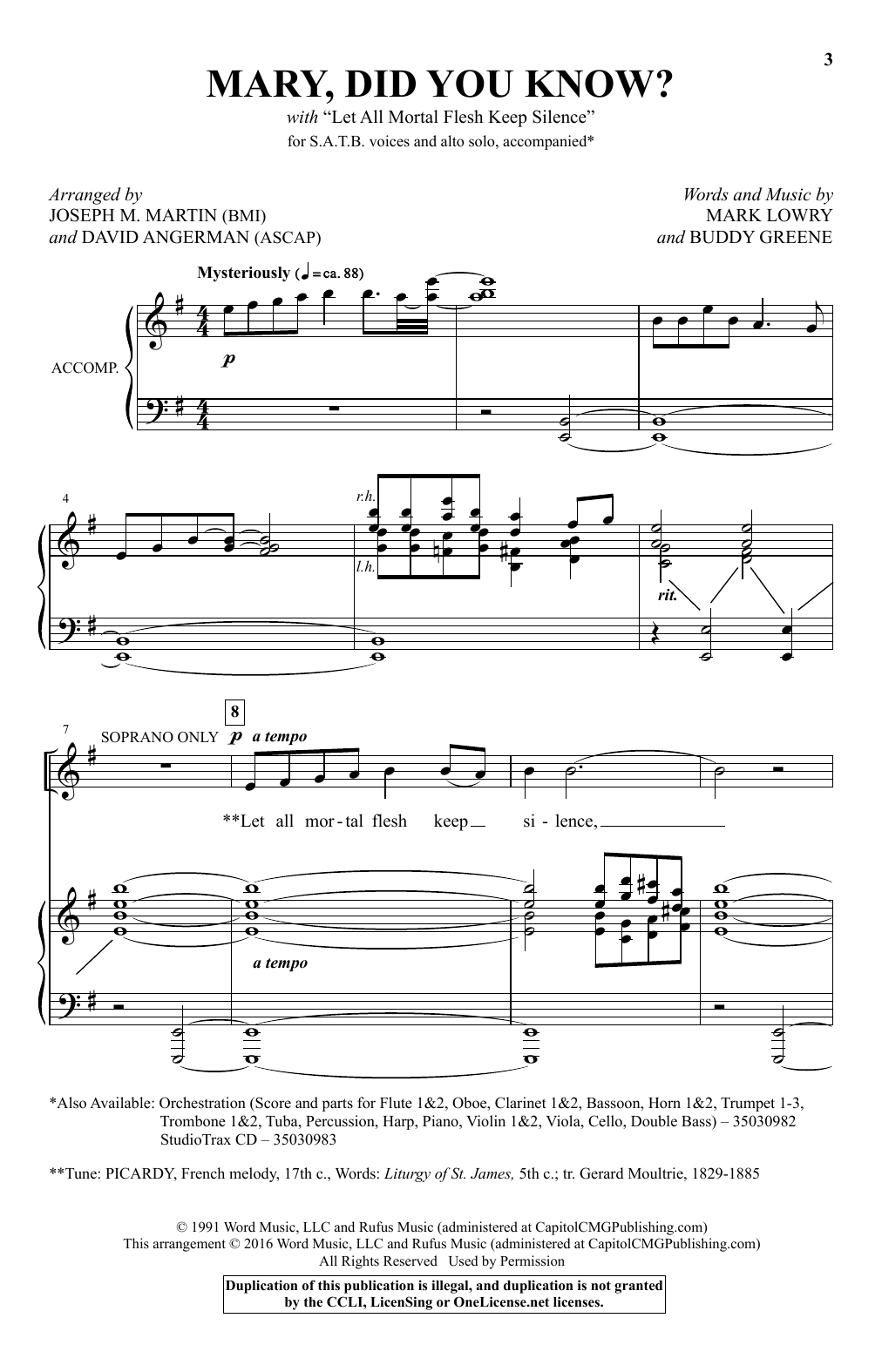 Joseph M Martin And David Angerman Mary Did You Know With Let All Mortal Flesh Keep Silence Sheet Music Download Pdf Score 169880