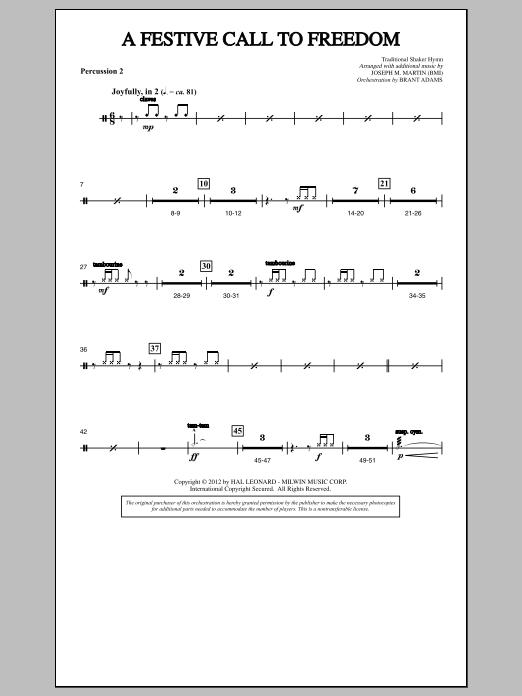 Learn to play Joseph Martin A Festive Call to Freedom - Percussion 2 sheet music for Choir Instrumental Pak in minutes. Joseph Martin A Festive Call to Freedom - Percussion 2 sheet music notes and chords