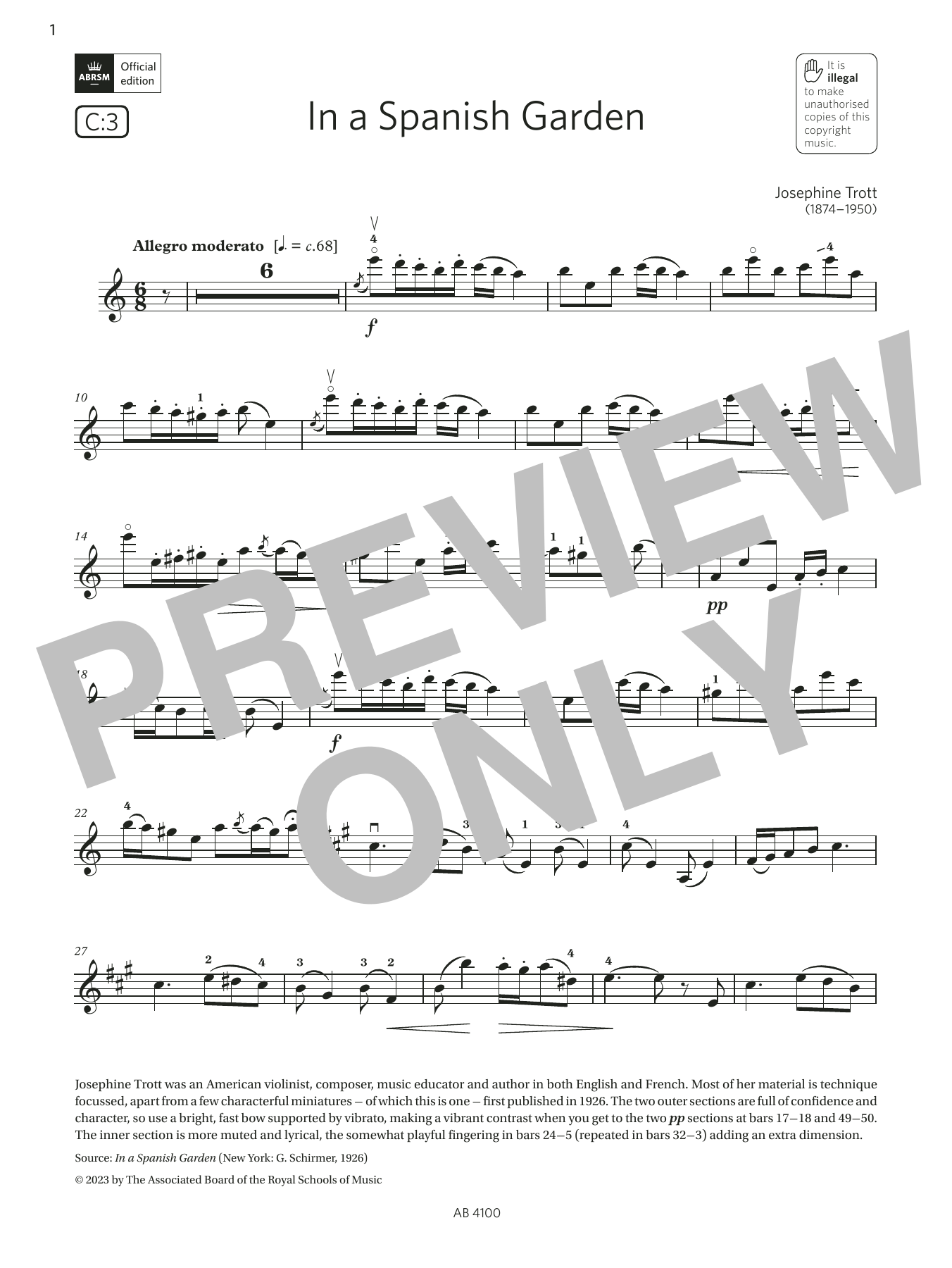 Josephine Trott In a Spanish Garden (Grade 6, C3, from the ABRSM Violin Syllabus from 2024) sheet music, chords, lyrics - Printable PDF for Violin Solo