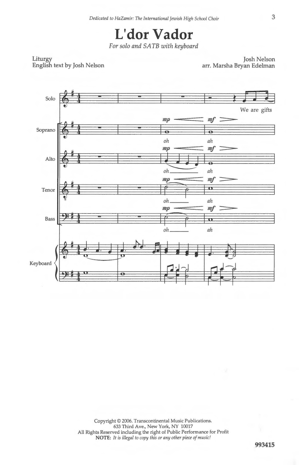 Josh Nelson L'dor Vador sheet music, chords, lyrics - Printable PDF for SATB Choir