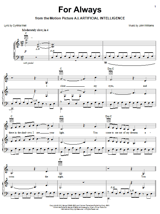 Learn to play Josh Groban and Lara Fabian For Always (from AI: Artificial Intelligence) sheet music for Piano, Vocal & Guitar (Right-Hand Melody) in minutes. Josh Groban and Lara Fabian For Always (from AI: Artificial Intelligence) sheet music preview music notes and score for Piano, Vocal & Guitar (Right-Hand Melody) including 7 page(s)