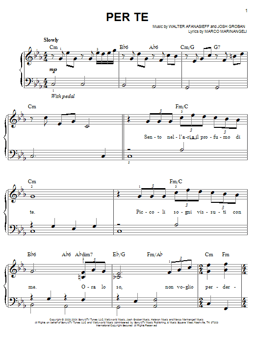 Learn to play Josh Groban Per Te sheet music for Easy Piano in minutes. Josh Groban Per Te sheet music preview music notes and score for Easy Piano including 6 page(s)