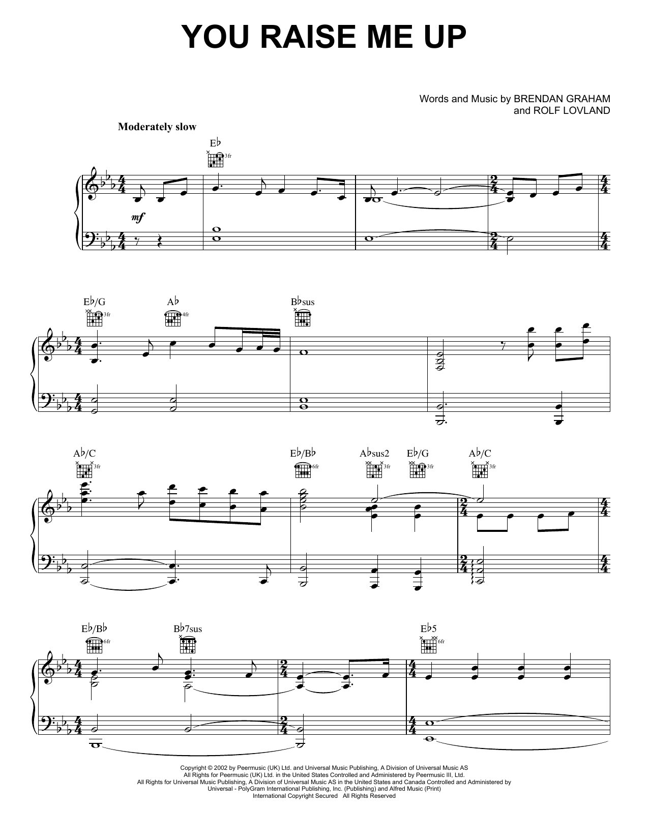 Josh Groban You Raise Me Up sheet music preview music notes and score for Piano including 5 page(s)