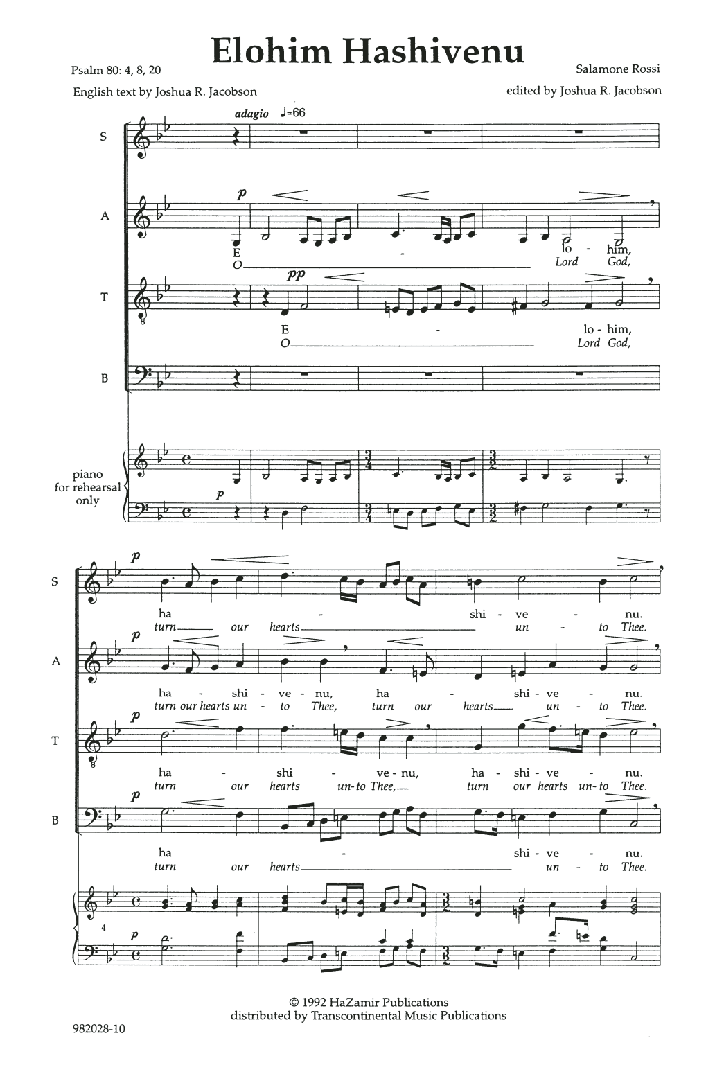 Joshua Jacobson Elohim Hashiveinu (O Lord, Turn Our Hearts) sheet music, chords, lyrics - Printable PDF for SATB Choir