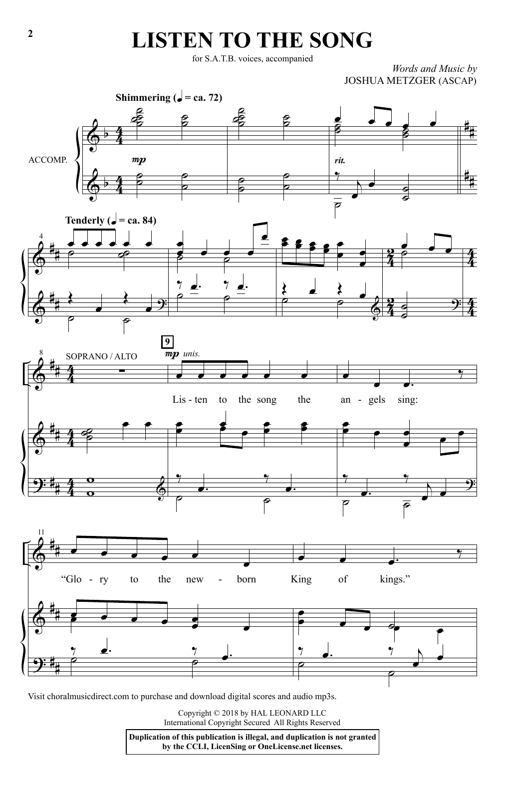 Joshua Metzger Listen To The Song sheet music, chords, lyrics - Printable PDF for SATB