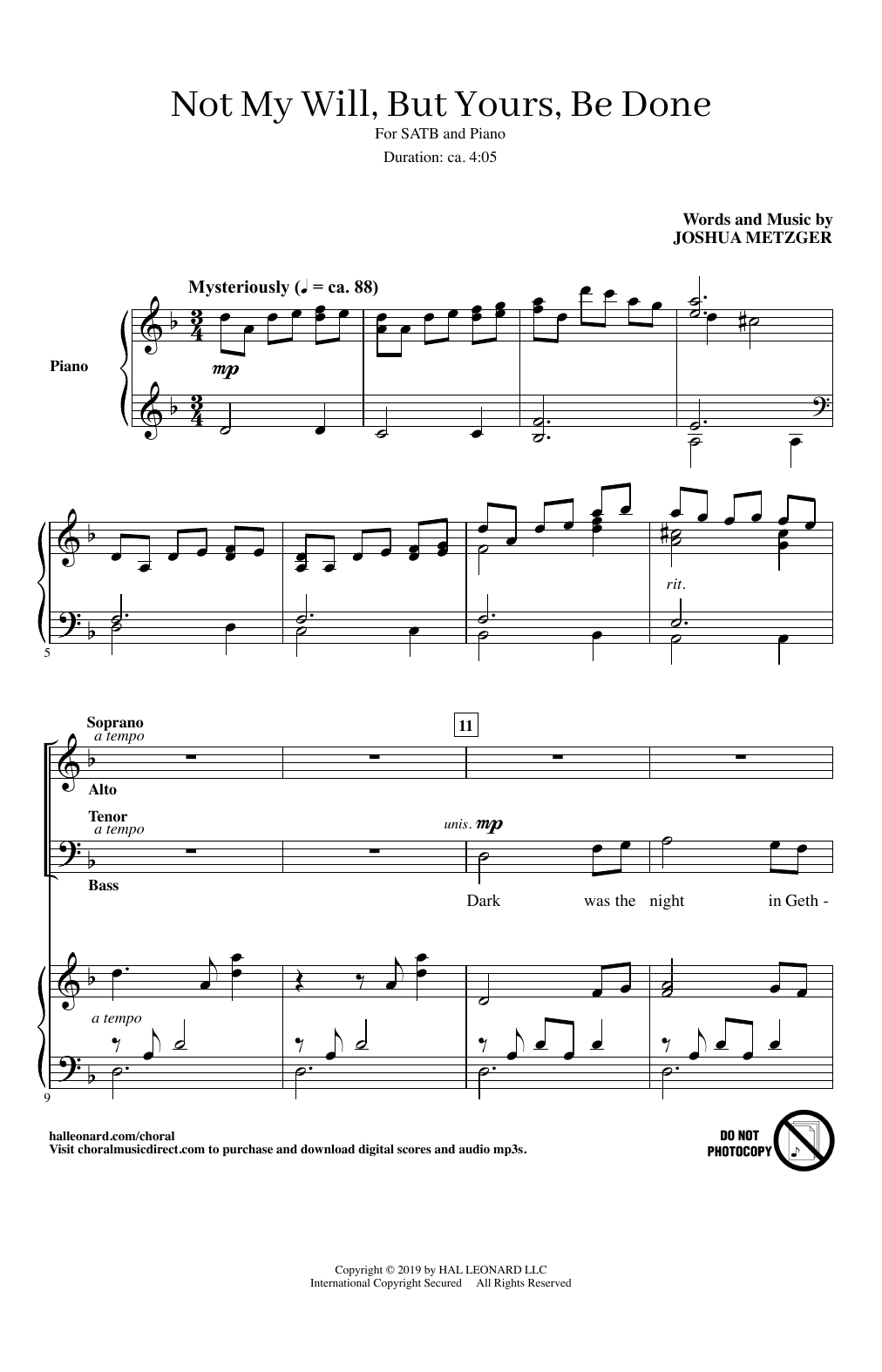 Joshua Metzger Not My Will, But Yours, Be Done sheet music, chords, lyrics - Printable PDF for SATB Choir