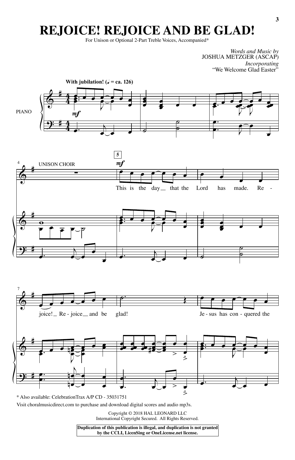 Joshua Metzger Rejoice! Rejoice And Be Glad! sheet music, chords, lyrics - Printable PDF for Unison Choral