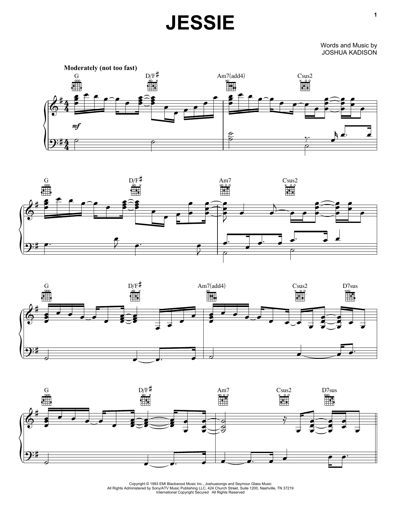 Joshua Kadison Jessie sheet music preview music notes and score for Piano, Vocal & Guitar (Right-Hand Melody) including 6 page(s)