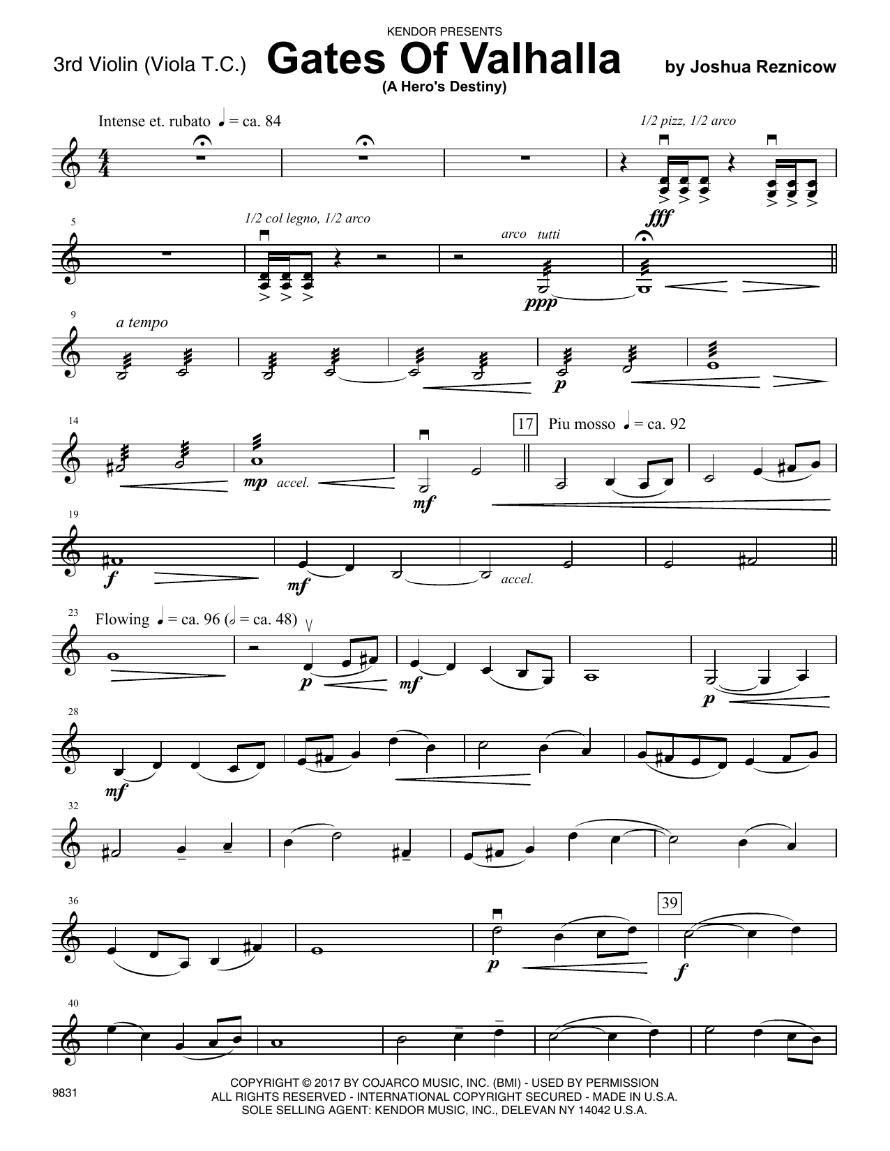 Learn to play Joshua Reznicow Gates Of Valhalla (A Hero's Destiny) - Violin 3 (Viola T.C.) sheet music for Orchestra in minutes. Joshua Reznicow Gates Of Valhalla (A Hero's Destiny) - Violin 3 (Viola T.C.) sheet music preview music notes and score for Orchestra including 3 page(s)