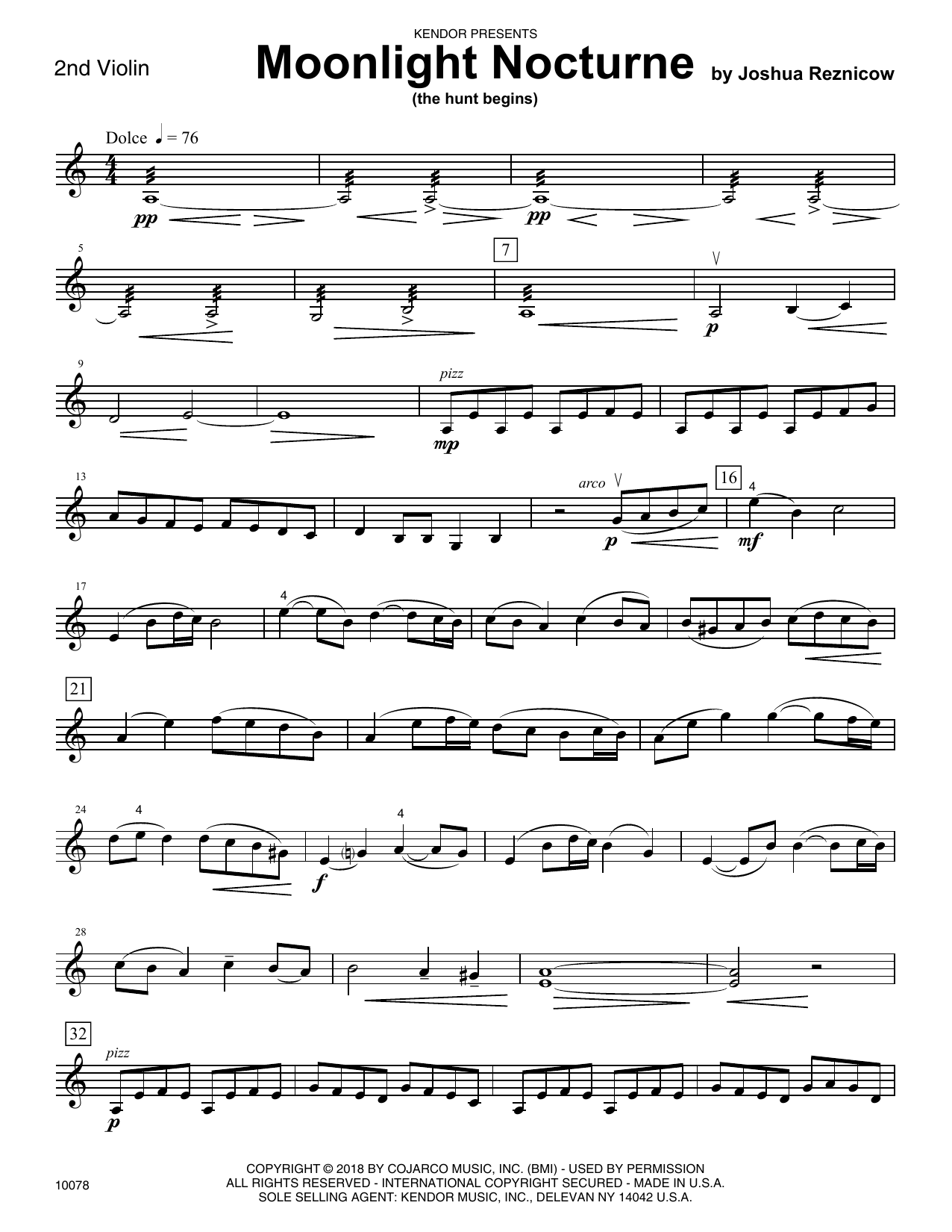 Learn to play Joshua Reznicow Moonlight Nocturne (The Hunt Begins) - 2nd Violin sheet music for Orchestra in minutes. Joshua Reznicow Moonlight Nocturne (The Hunt Begins) - 2nd Violin sheet music preview music notes and score for Orchestra including 2 page(s)
