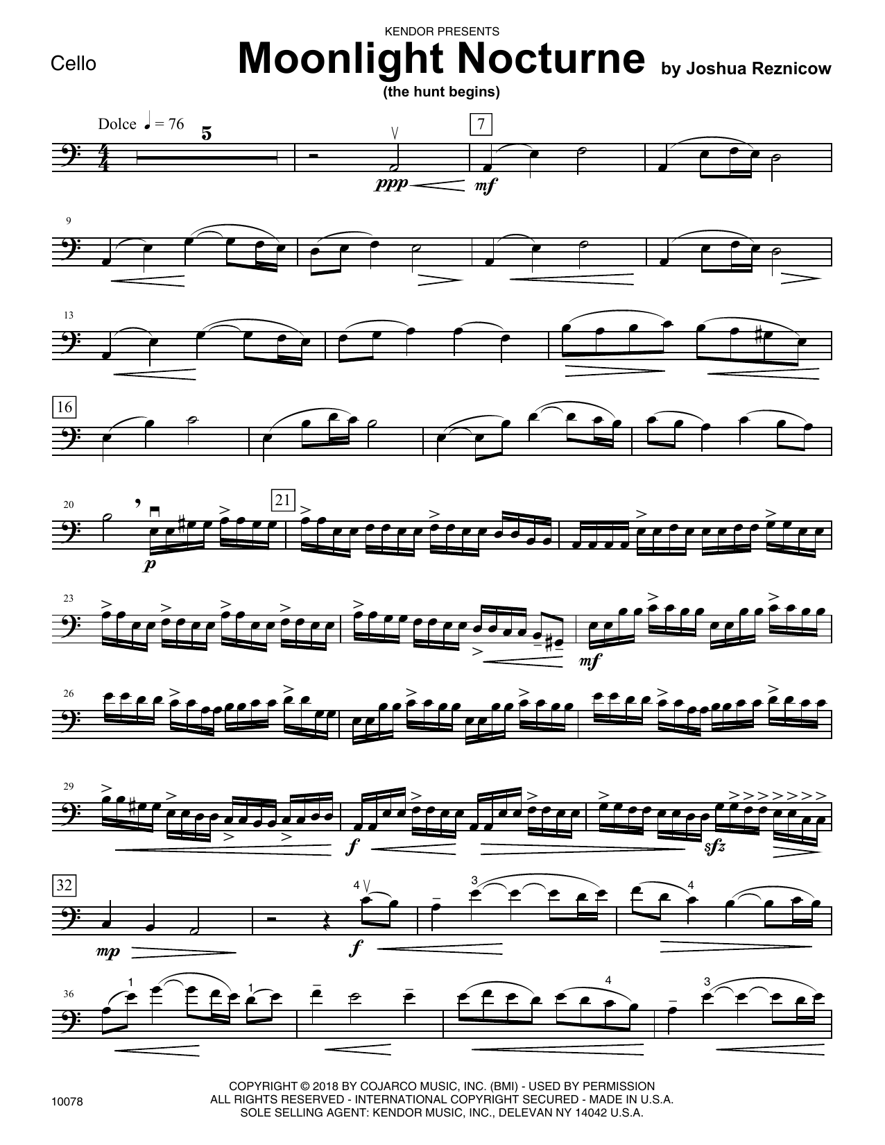 Joshua Reznicow Moonlight Nocturne (The Hunt Begins) - Cello sheet music preview music notes and score for Orchestra including 2 page(s)