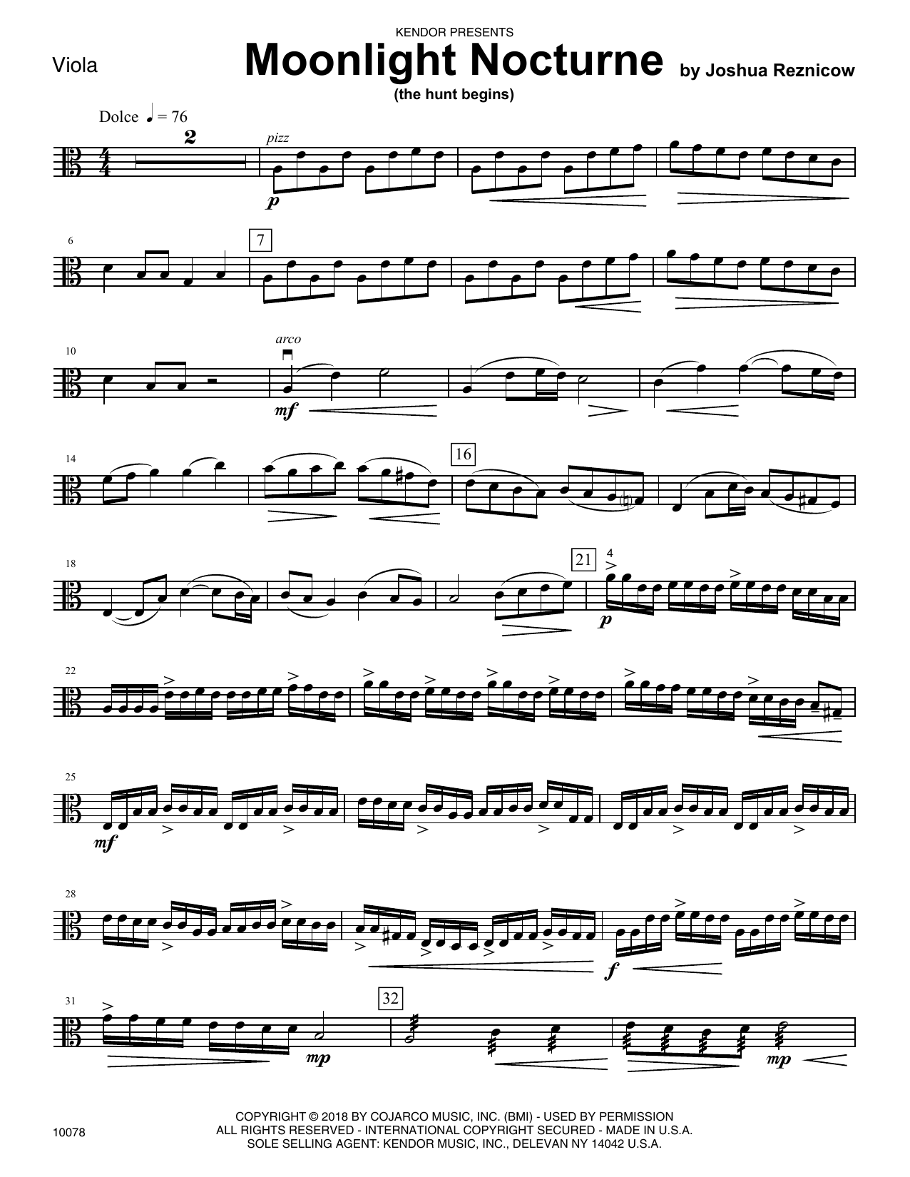 Joshua Reznicow Moonlight Nocturne (The Hunt Begins) - Viola sheet music preview music notes and score for Orchestra including 2 page(s)